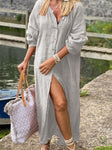 Women's Cotton Linen Long Solid Color Tied Button Dress