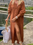 Women's Cotton Linen Long Solid Color Tied Button Dress