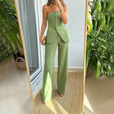 Graceful Tube Top Suit Fashion Button Sleeveless Top And Straight Pants Women's Trousers Set