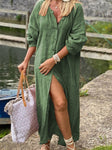 Women's Cotton Linen Long Solid Color Tied Button Dress