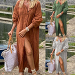 Women's Cotton Linen Long Solid Color Tied Button Dress